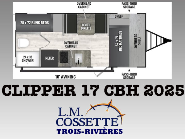 Clipper 17 CBH 2025 -LM Cossette inc. vr-roulotte-fifth wheel-cargo-arctic wolf -Remote-Clipper-cherokee-grey wolf-wolf pup-kodiak cub-aspen trail-dutchmen-forest river-freedom express select-coachmen-apex nano -Trois-Rivières