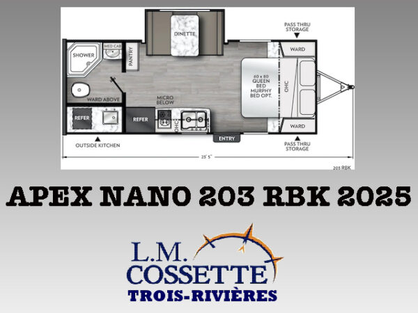 Apex Nano 203 RBK 2025-LM Cossette inc. vr-roulotte-fifth wheel-cargo-arctic wolf -Remote-Clipper-cherokee-grey wolf-wolf pup-kodiak cub-aspen trail-dutchmen-forest river-freedom express select-coachmen-apex nano -Trois-Rivières