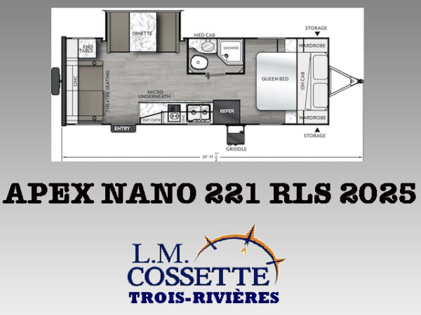 Apex Nano 221 RLS 2025-LM Cossette inc. vr-roulotte-fifth wheel-cargo-arctic wolf -Remote-Clipper-cherokee-grey wolf-wolf pup-kodiak cub-aspen trail-dutchmen-forest river-freedom express select-coachmen-apex nano -Trois-Rivières