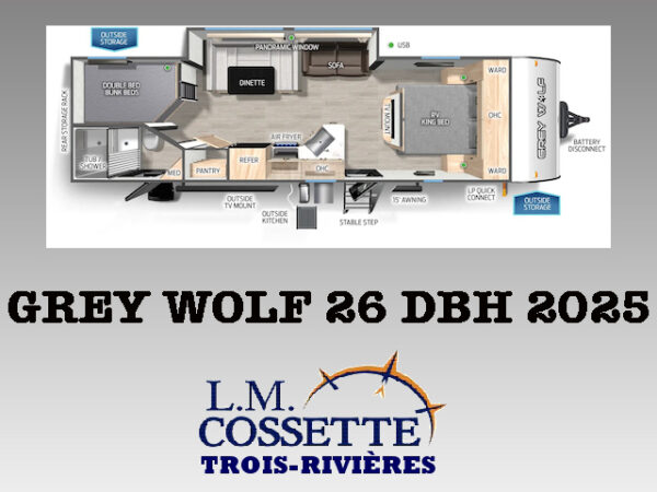 Grey Wolf 26 DBH 2025-LM Cossette inc. vr-roulotte-fifth wheel-cargo-arctic wolf -Remote-Clipper-cherokee-grey wolf-wolf pup-kodiak cub-aspen trail-dutchmen-forest river-freedom express select-coachmen-apex nano -Trois-Rivières