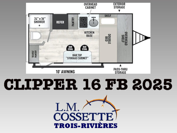 Clipper 16 FB 2025-LM Cossette inc. vr-roulotte-fifth wheel-cargo-arctic wolf -Remote-Clipper-cherokee-grey wolf-wolf pup-kodiak cub-aspen trail-dutchmen-forest river-freedom express select-coachmen-apex nano -Trois-Rivières