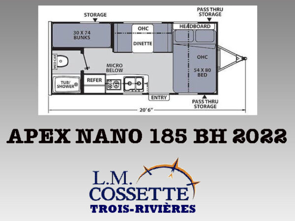 Apex Nano 185 BH 2022-LM Cossette inc. vr-roulotte-fifth wheel-cargo-arctic wolf -Remote-Clipper-cherokee-grey wolf-wolf pup-kodiak cub-aspen trail-dutchmen-forest river-freedom express select-coachmen-apex nano -Trois-Rivières
