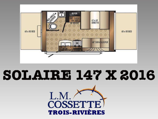 Solaire 147 X 2016-LM Cossette inc. vr-roulotte-fifth wheel-cargo-arctic wolf -Remote-Clipper-cherokee-grey wolf-wolf pup-kodiak cub-aspen trail-dutchmen-forest river-freedom express select-coachmen-apex nano -Trois-Rivières-fond